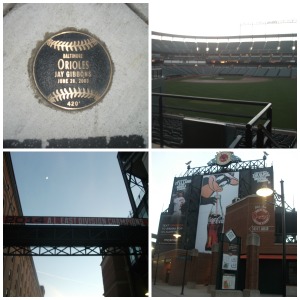 (From top left, clockwise): Home run landings marked by bronze baseballs in the concrete; the stadium lit by the Baltimore sunset; entrance to the stadium; A.L. East Division Champions banner