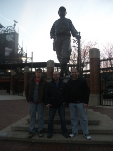 The boys posing with Baltimorean, Babe Ruth. 